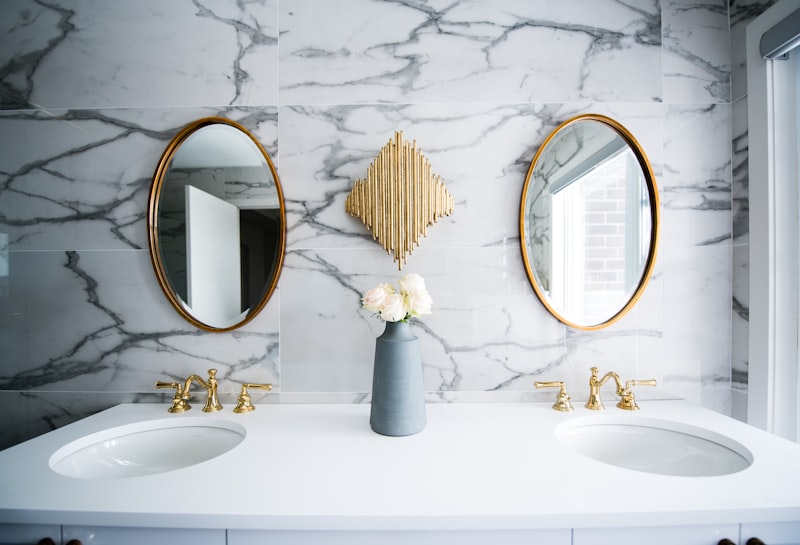 Modern double vanity with designer mirrors